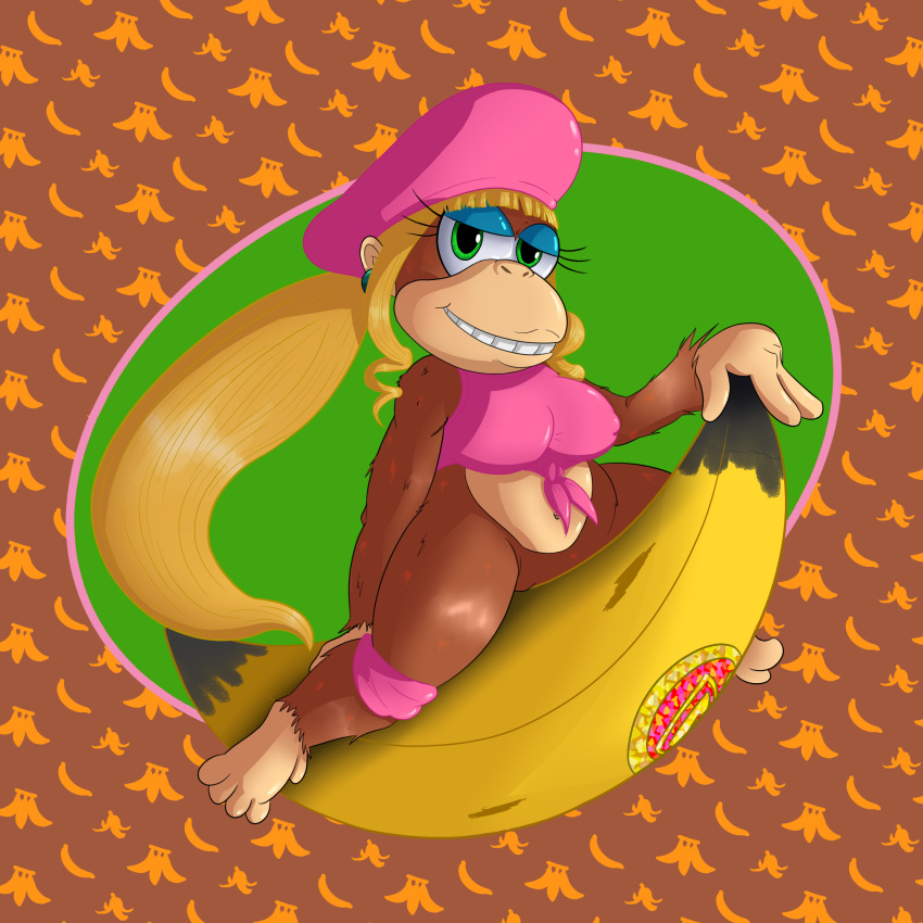 banana blonde_hair blue_eyeshadow dixie_kong donkey_kong_(series) donkey_kong_country female fur green_eyes monkey monkey_girl pink_hat pinup ponytail primate shortstack smile solo tagme wildswingding