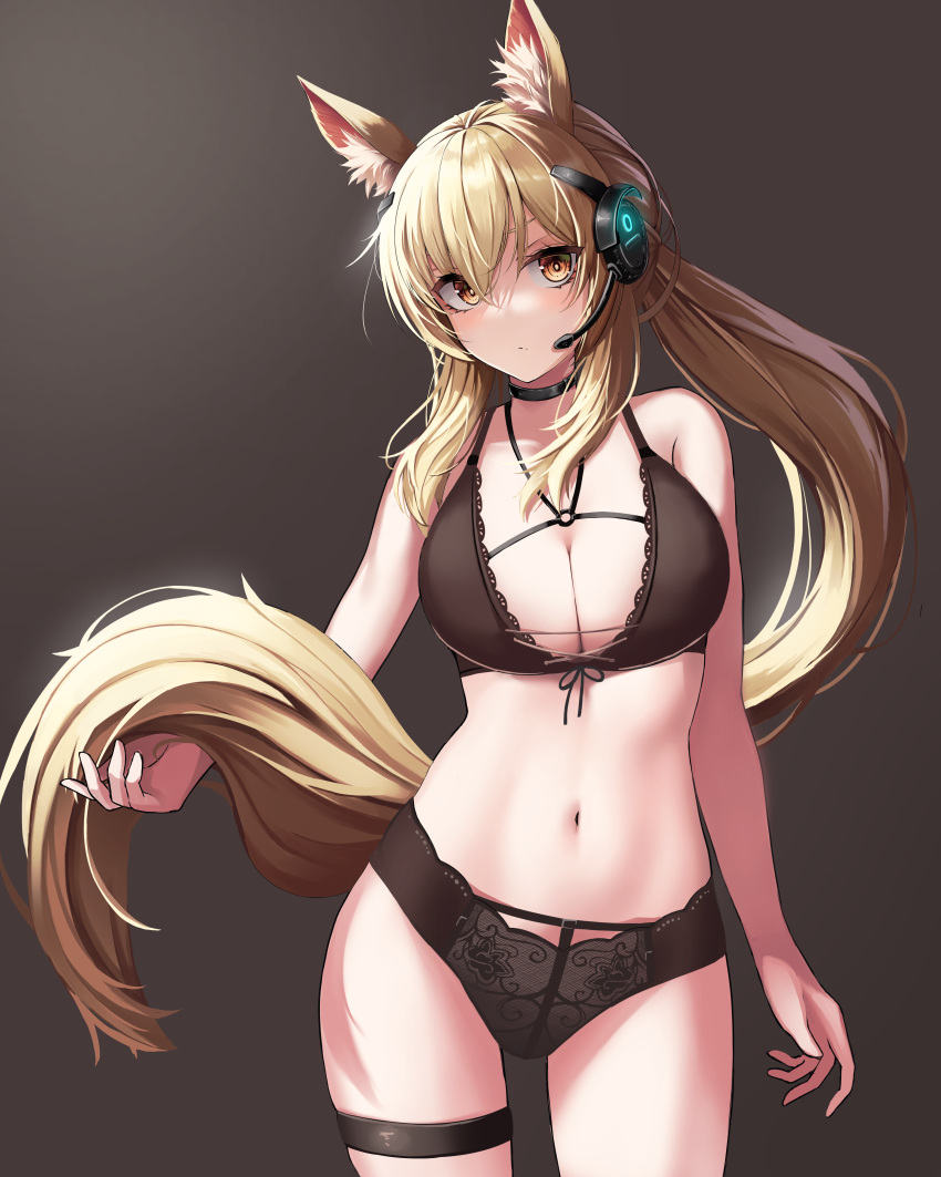 1girls animal_ears arknights belly belly_button big_breasts black_bra black_lingerie black_panties black_underwear blonde_hair bra breasts choker chun_bae female female_only hair_between_eyes headset highres holding_tail legs lingerie long_hair looking_at_viewer midriff navel nearl_(arknights) nearl_the_radiant_knight_(arknights) panties solo standing stomach tail thigh_strap underwear yellow_eyes