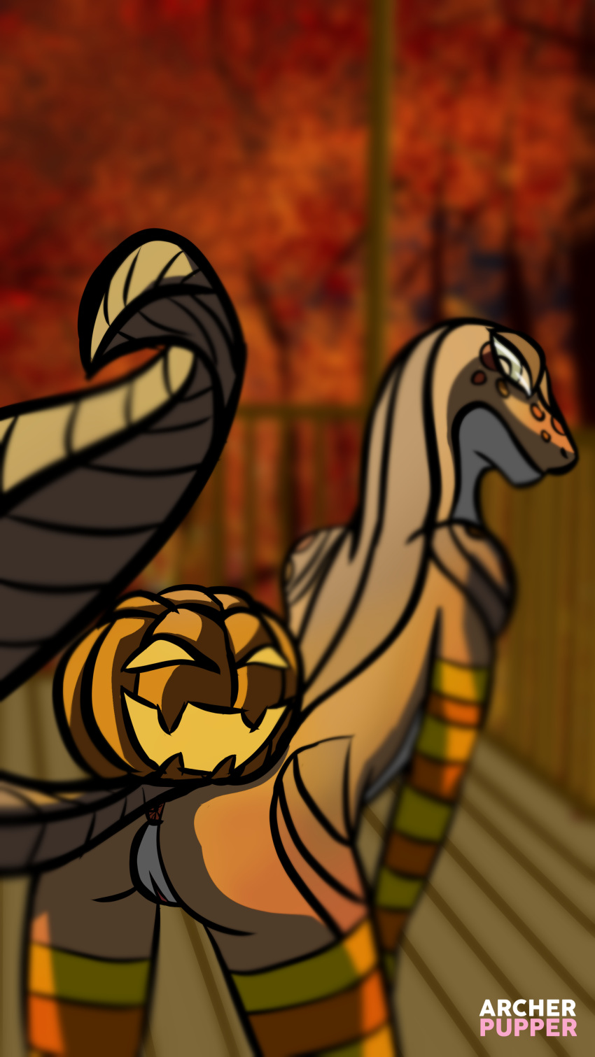 2020 absurd_res anthro archerpupper clothing digital_media_(artwork) female food fruit gecko genitals halloween hi_res holidays jack-o'-lantern leaf_tail lizard looking_at_viewer maple_(maplegek) plant pumpkin reptile scalie simple_background solo