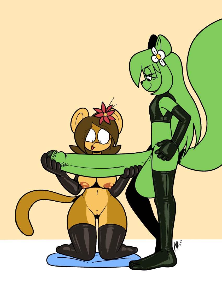 1boy 1girls animal_ears anthro anthro_on_anthro armwear black_armwear black_latex black_legwear black_topwear breasts elbow_gloves erection female female_anthro femboy femboy_on_female femboydom femsub gigantic_penis gigantic_testicles gloves green_hair green_hair_male green_tail hair huge_tail latex latex_gloves legwear long_hair long_hair_male male male_anthro maledom mostly_nude mostly_nude_female mostly_nude_male nipples penis qqlettuce straight tail testicles thick_thighs topwear vagina