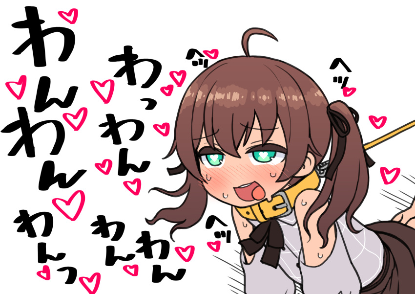 ahoge black_ribbon brown_hair brown_skirt doggy_style eyebrows_visible_through_hair female green_eyes hair_ornament hair_scrunchie heart heart-shaped_pupils highres hololive hololive_gen_1 hololive_japan implied_sex leash leash_pull natsuiro_matsuri no_panties ribbon sabaku_chitai scrunchie skirt symbol-shaped_pupils tongue tongue_out twintails virtual_youtuber white_background