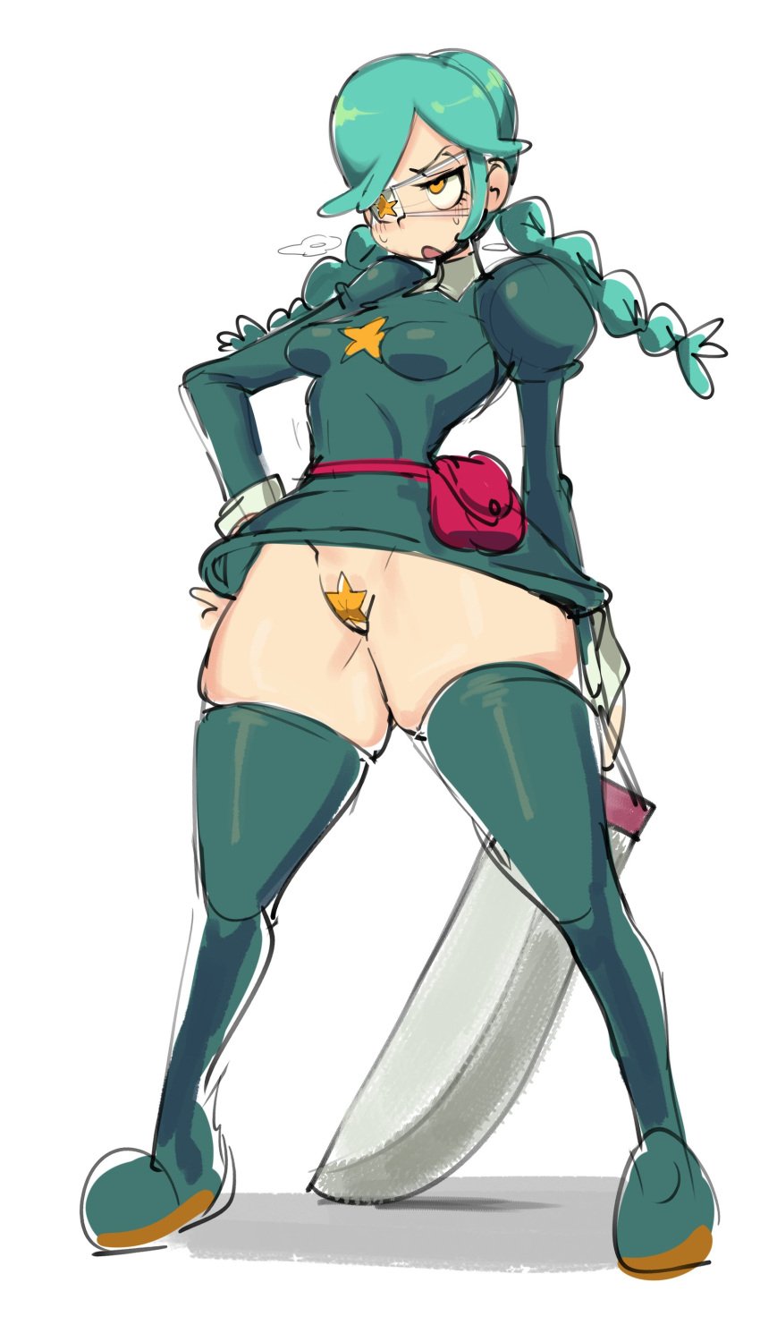 1girls annie_(skullgirls) blush boots breasts cham22 chamchami covered_pussy doodle eye_patch female green_hair medium_hair miniskirt orange_eyes skirt skullgirls small_breasts solo standing sweat sword thick_thighs thigh_gap twin_braids white_background wide_hips