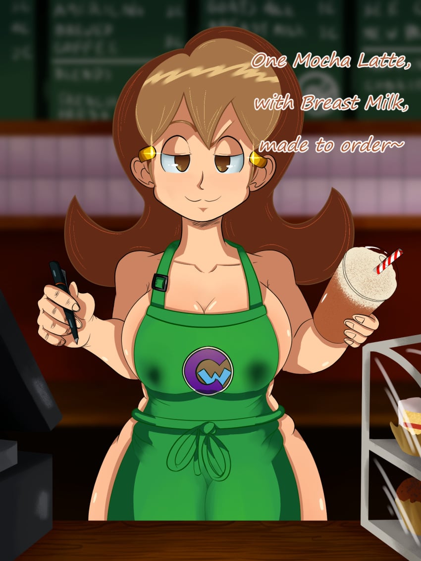 5-volt apron breasts coffee iced_latte_with_breast_milk lactation mario_(series) meme milf starbucks tagme wario_(series) warioware warioware_gold wildswingding