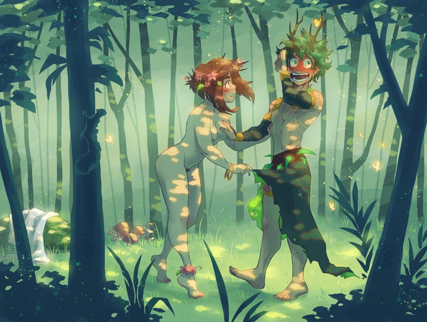 1boy 1girls alternate_universe areolae blush blushing breast_grab breasts brown_eyes brown_hair brunette fantasy female forest forest_background freckles green_eyes green_hair izuku_midoriya my_hero_academia nervous nipples nude nude_female ochako_uraraka penis pubic_hair shounen_jump skirt_lift syblatortue