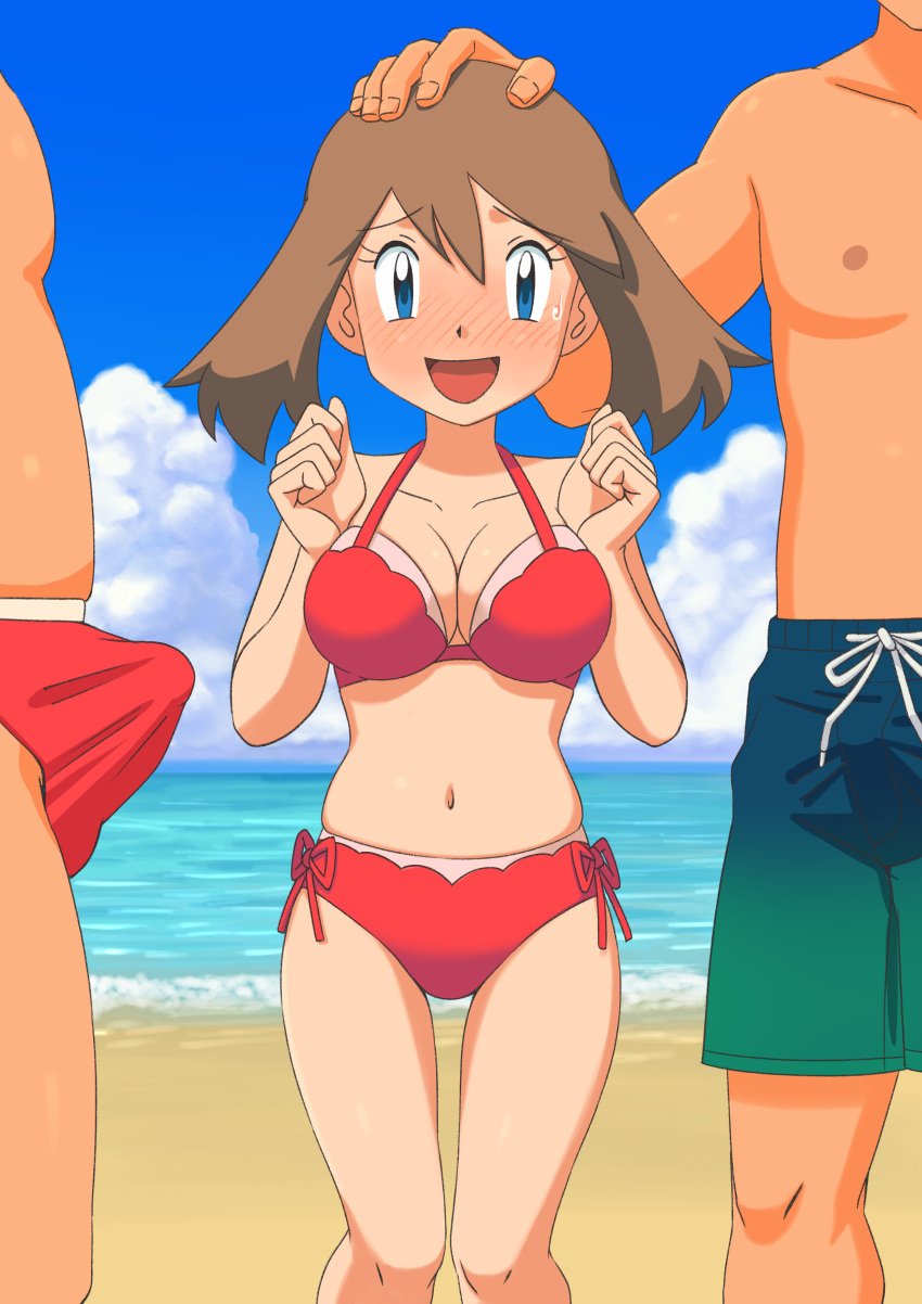 1girls 2boys beach bikini boner boner_in_pants erection may_(pokemon) miraa_(chikurin) pokemon