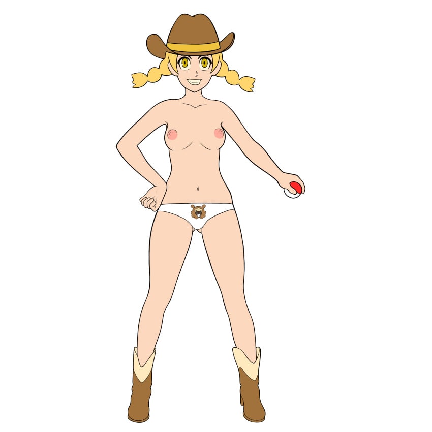 1girls bidoof big_breasts blonde_hair boots breasts cow_girl cowboy_boots cowboy_hat cowgirl_(pokemon) female female_only fingerpaints flyingpufferfish hat legs nipples npc_trainer nude nude_female poke_ball pokemon pokemon_breeder_(pokemon) pokemon_breeder_(pokemon_sm) pokemon_dppt twintails underwear underwear_only white_background yellow_eyes