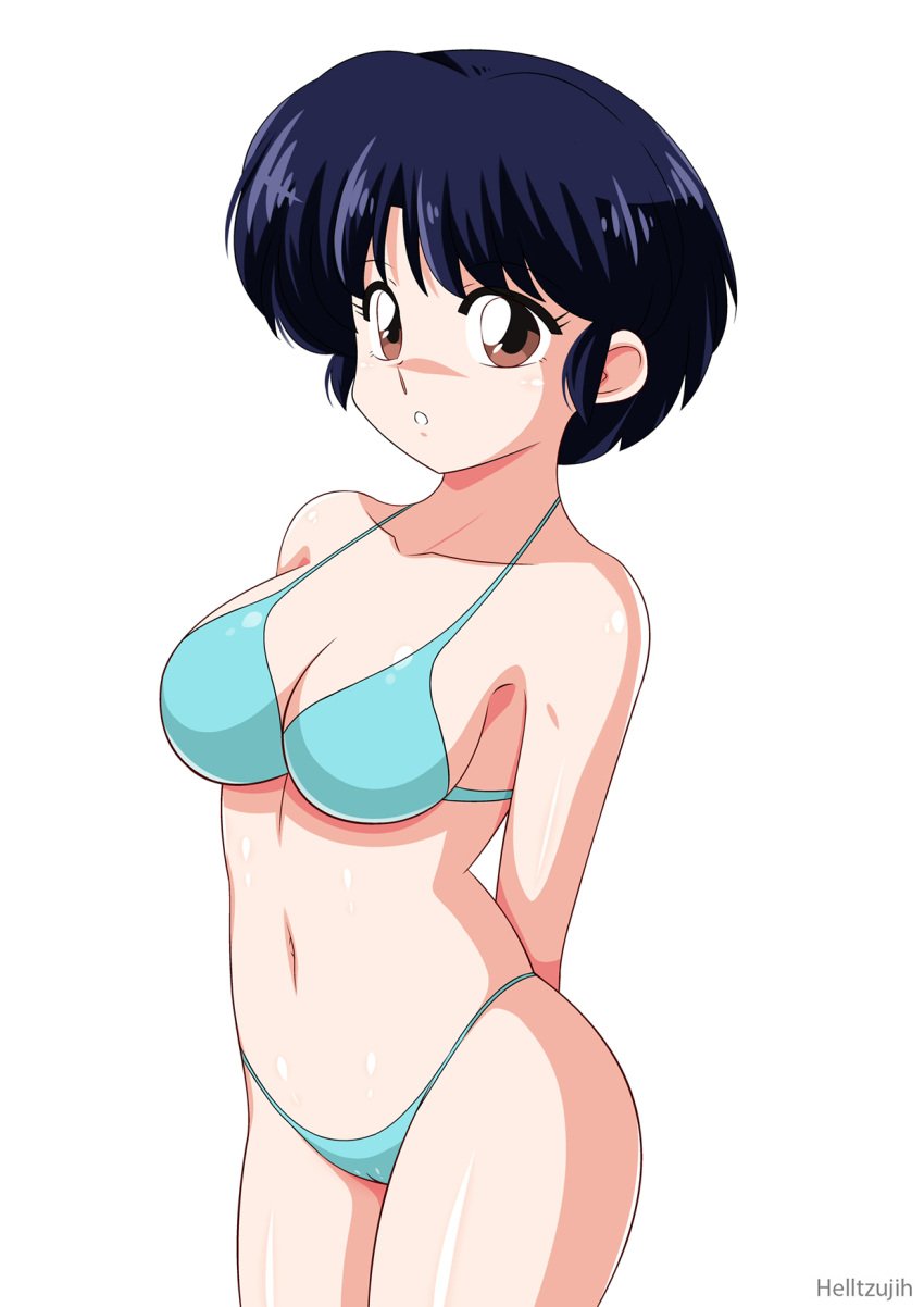 1girls akane_tendo bikini black_hair blue_bikini brown_eyes female helltzujih light-skinned_female looking_at_viewer navy_blue_hair pale-skinned_female pinup ranma_1/2 solo solo_female solo_focus very_short_hair white_background