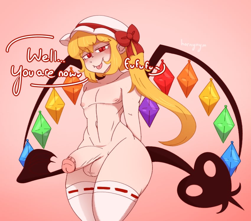 1boy blonde_hair blonde_hair_male clothing english_text fangs femboy flandre_scarlet genderswap_(ftm) hat hornynym legwear light-skinned_femboy light-skinned_male light_skin male male_only penis red_eyes red_eyes_male rule_63 solo text thick_thighs tongue tongue_out touhou wings