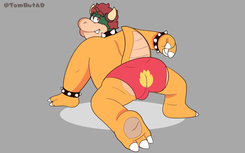 1boy all_fours ass bara bowser full_body grey_background looking_at_viewer looking_back male male_only mario_(series) nintendo simple_background solo super_smash_bros. tombutad