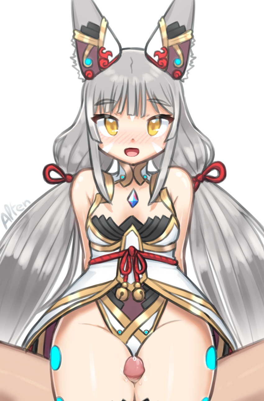 1boy absurdres alten animal_ears artist_name blush breasts cat_ears cleavage covered_navel female gem highres jewelry long_hair looking_at_viewer nia nia_(blade) nia_(blade)_(xenoblade) nia_(xenoblade) open_mouth penis ribbon silver_hair simple_background sitting smile solo_focus straight thigh_sex thighs twintails very_long_hair white_background xenoblade_chronicles_(series) xenoblade_chronicles_2 yellow_eyes