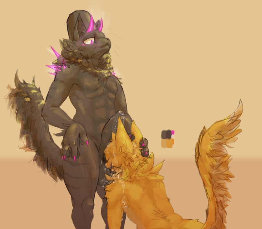 2boys absurd_res anthro athletic black_body black_fur bodily_fluids buck_(kaiju_paradise) bucket catte_(kaiju_paradise) container crotch_sniffing duo excessive_precum fluffy fluffy_tail fur gay genital_fluids glowing glowing_eyes gootraxian hi_res horn kaiju_paradise male male/male precum pyjyamas roblox roblox_game slim smile sniffing tagme yaoi