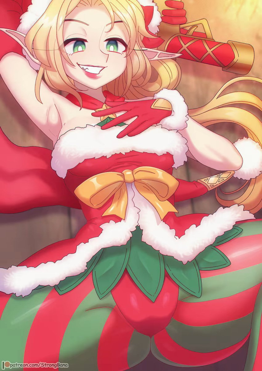 1girls ambitious_elf_jinx blonde_hair christmas christmas_outfit elf elf_ears elf_female gloves green_eyes jinx_(league_of_legends) league_of_legends pointy_ears riot_games solo solo_female strongbana