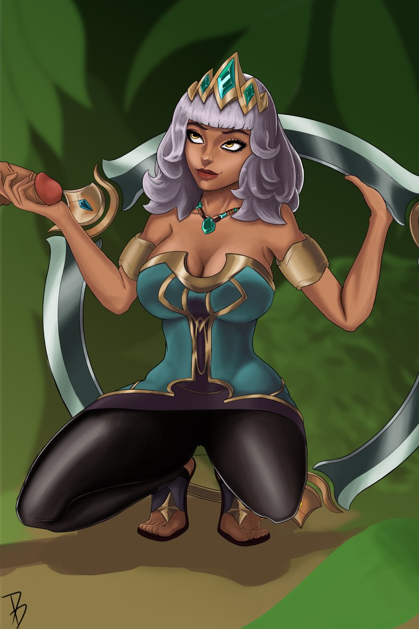 big_breasts chocoflan dark_skin grey_hair hourglass_figure kneeling league_of_legends penis qiyana_yunalai yellow_eyes