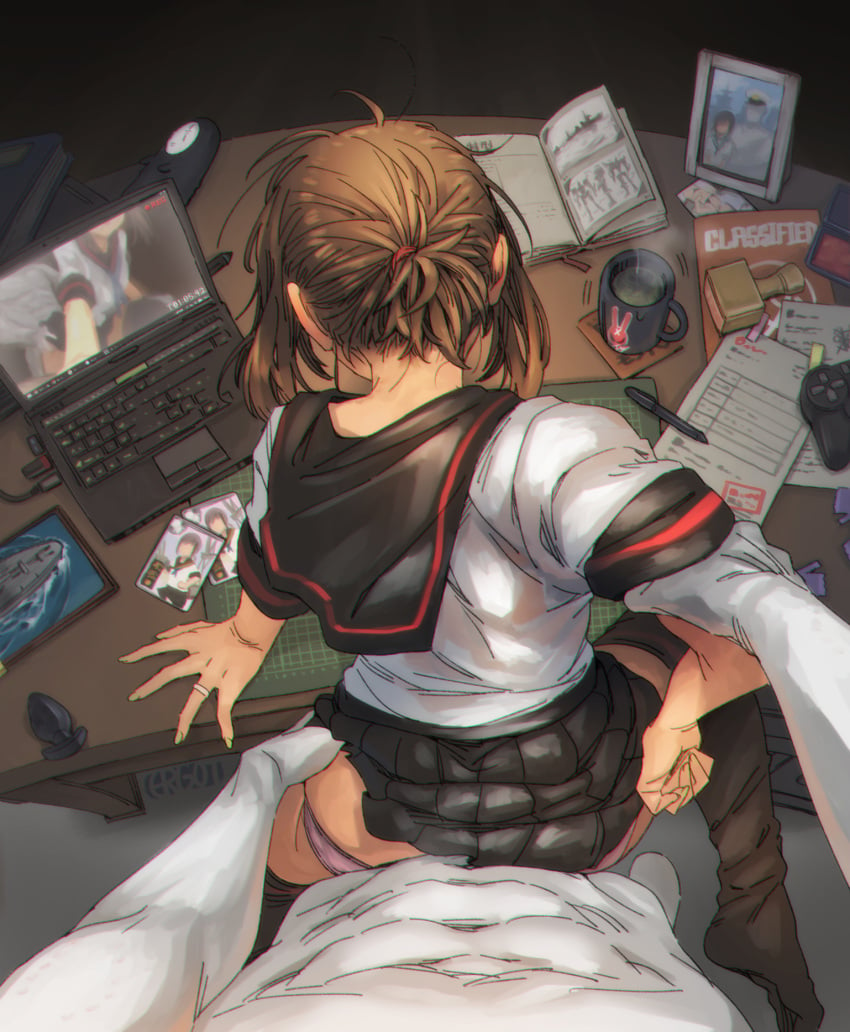 1boy admiral_(kantai_collection) arm_grab black_legwear black_sailor_collar black_skirt book brown_hair buttplug clothed clothed_female clothed_female_nude_male clothed_sex computer controller covered_penetration cup desk ergot female fubuki_(kantai_collection) game_controller highres implied_sex jewelry kantai_collection kneehighs laptop low_ponytail male mug nude nude_male panties paper pen picture_frame pink_panties pleated_skirt ponytail pov recording ring sailor_collar school_uniform serafuku sex sex_toy signature skirt steam straight thighhighs underwear