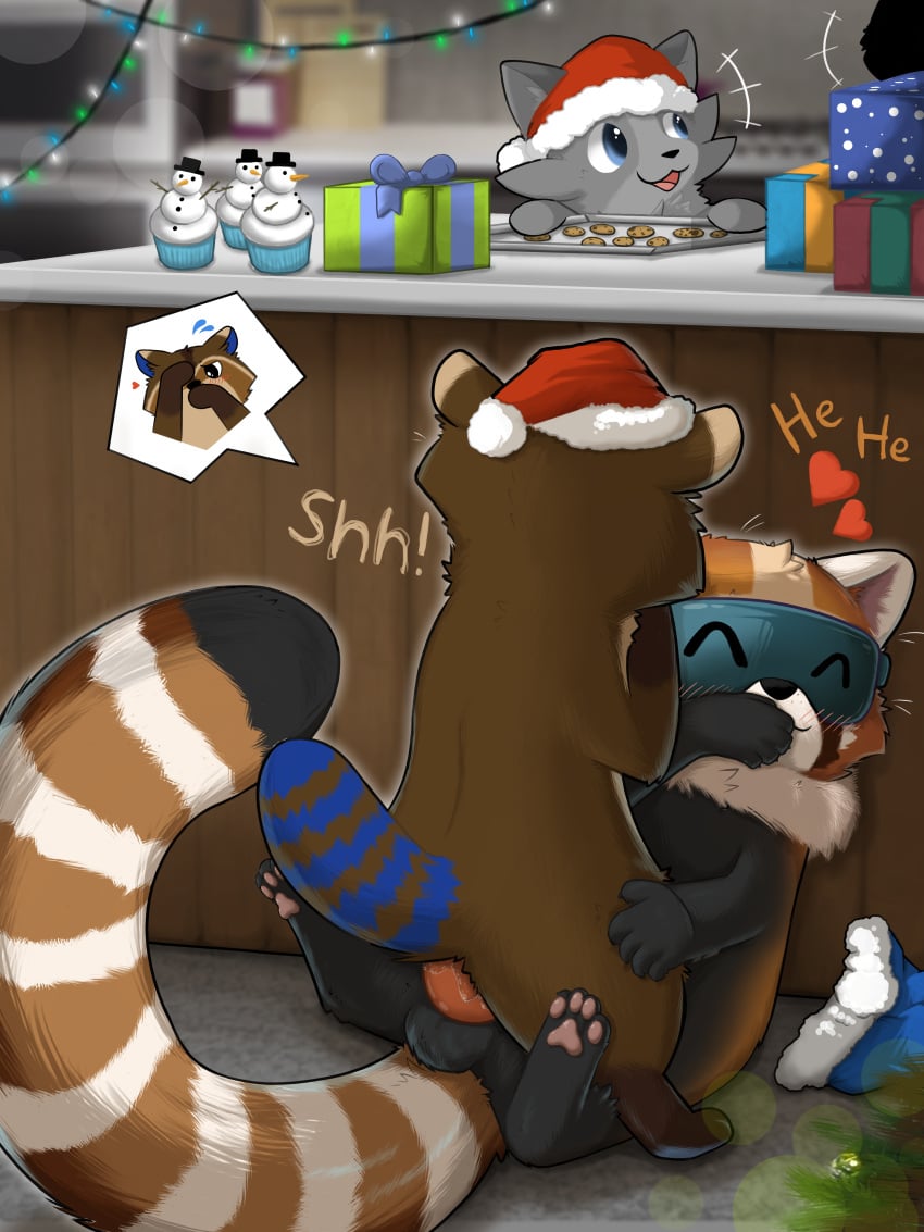 absurd_res ailurid anal balls blush christmas christmas_clothing christmas_headwear clothing cookie domestic_ferret feral food frayl genitals hat headgear headwear hi_res hiklayan holidays male male/male mammal mustela mustelid musteline paws procyonid raccoon red_panda resachii sachii_(resachii) santa_hat sex true_musteline