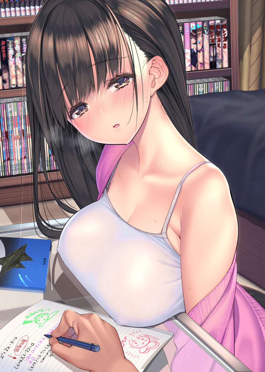 1boy 1girls 2021 absurd_res bare_shoulders black_hair blush book bookshelf breast_rest breasts brown_eyes camisole cleavage clothing coffee_cat desk female female_focus half-closed_eyes head_tilt heat heavy_breathing highres holding_pen indoors jacket japanese_text large_breasts long_hair looking_at_viewer male male_pov manga_(object) math nipple_bulge off_shoulder open_clothes open_jacket open_mouth original pen pov pov_hands spaghetti_strap studying sweat table text tongue tutor