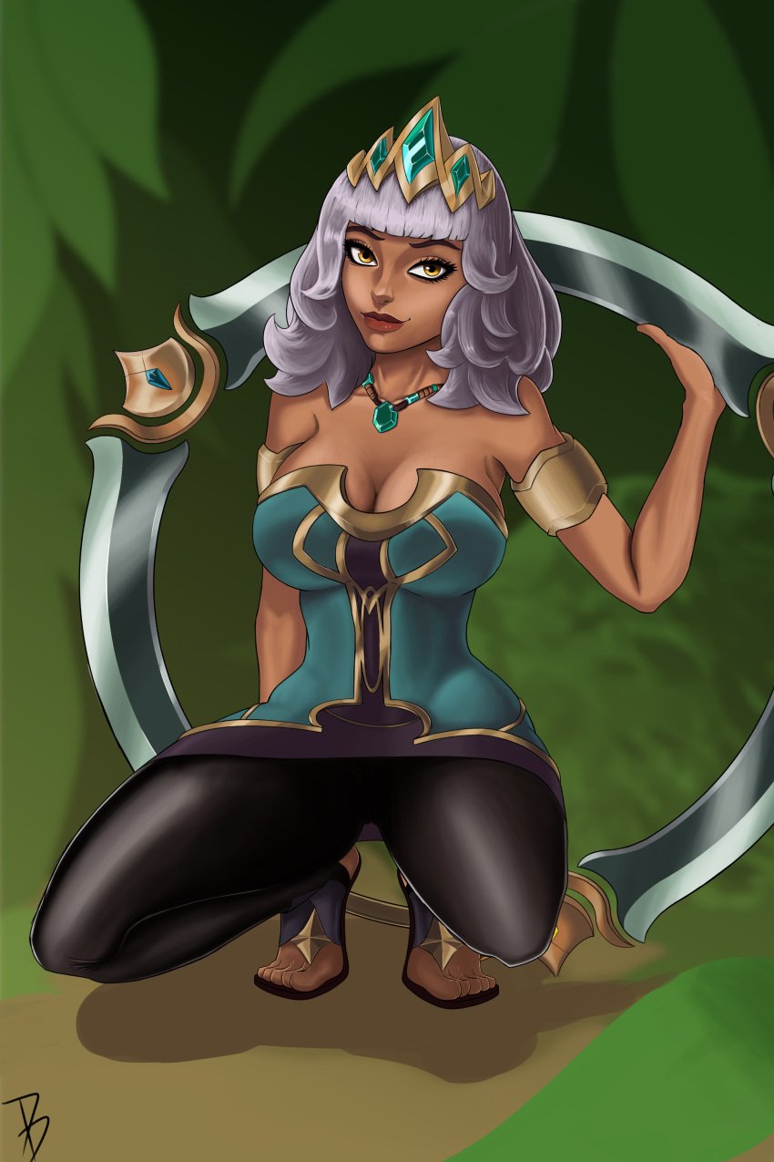 big_breasts chocoflan dark_skin gray_hair hourglass_figure league_of_legends qiyana_yunalai yellow_eyes