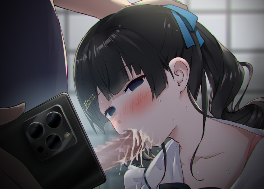 1boy black_hair blue_eyes blue_ribbon blush bra_strap cellphone censored commentary cum dark empty_eyes erection eyebrows_visible_through_hair fellatio female hair_ornament hair_ribbon hairclip half_updo hand_on_another's_head holding holding_phone iphone_11_pro long_hair mosaic_censoring nijisanji nose_blush official_alternate_costume oral penis phone portrait ribbon shirt smartphone solo_focus straight sweat taking_picture tsukino_mito tsuyudakunanoda twintails virtual_youtuber white_shirt