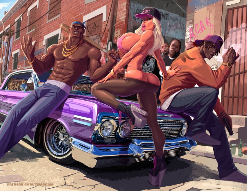 1girls 4boys ass_cleavage baseball_bat big_ass big_breasts bikini bimbo bimbo_lips black_skin blonde_hair blue_eyes bubble_butt butt_crack car dark-skinned_male dark_skin day female g-string gang gold_chain gold_jewelry gun hi_res high_heels high_resolution hood interracial jen_herron joints male muscular_arm muscular_legs muscular_male muscular_thighs my_mom_and_sister_are_size_queen_sluts nipples pink_lipstick pink_nails slut_cap slutty_outfit slutwr1ter smoking smoking_weed street temogam thick_thighs tongue_out weapon white_skin