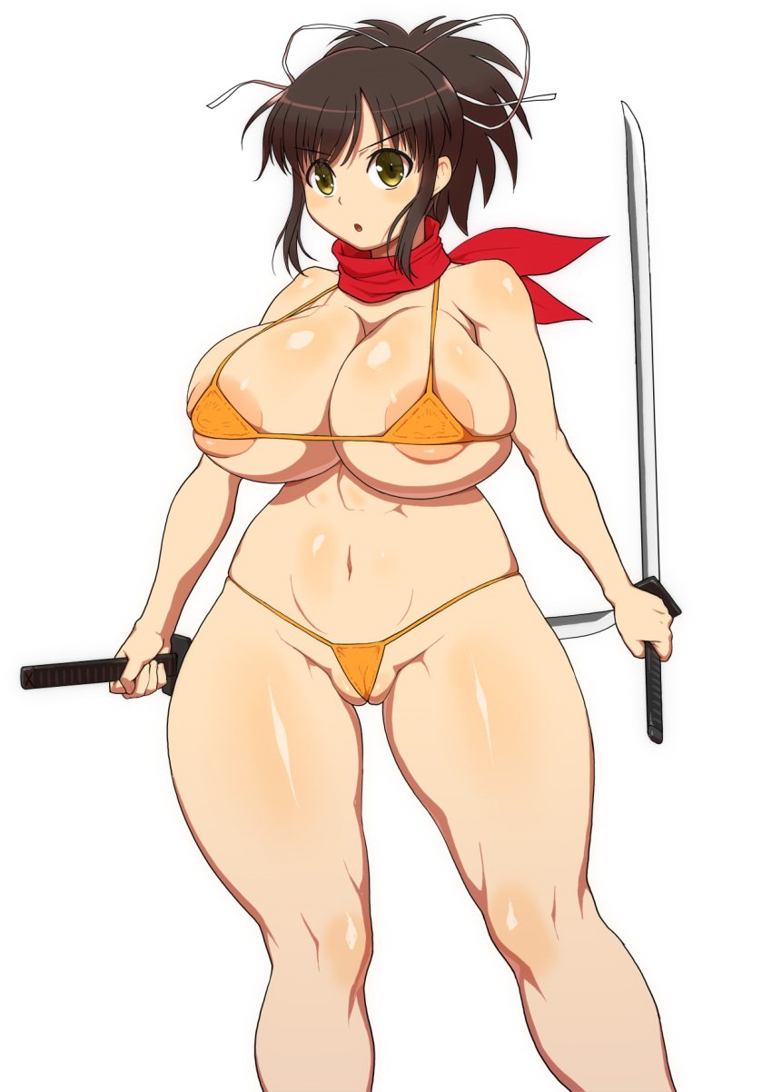 areolae asuka_(senran_kagura) bikini brown_hair eyebrows_visible_through_hair female green_eyes huge_breasts marvelous micro_bikini oomaeda ponytail scarf senran_kagura solo sword thick_thighs wakizashi