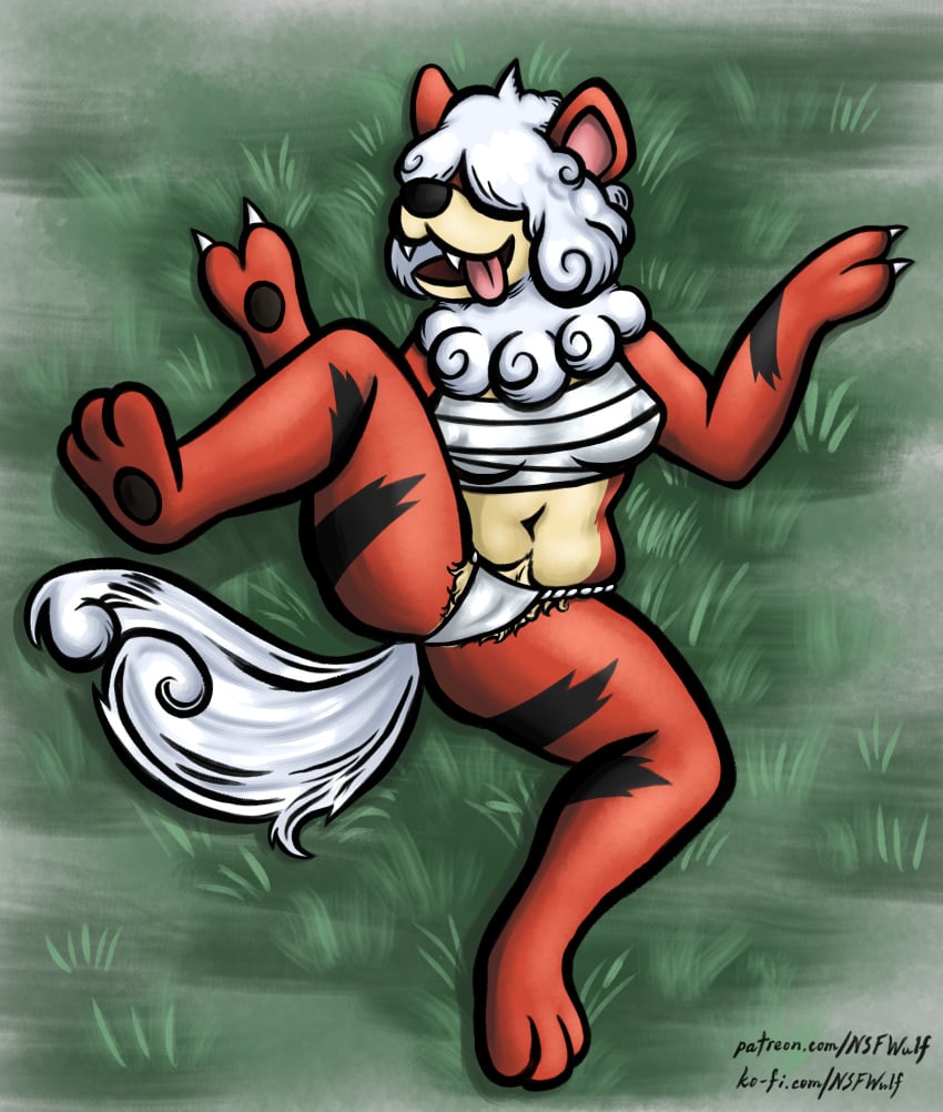 belly cameltoe female fundoshi furry grass growlithe hisuian_growlithe ko-fi lying_on_back nipples_visible_through_clothing nsfwulf panting patreon patreon_url plump pokemon pubic_hair pubic_hair_peek sarashi spread_legs thick_thighs tongue_out watermark