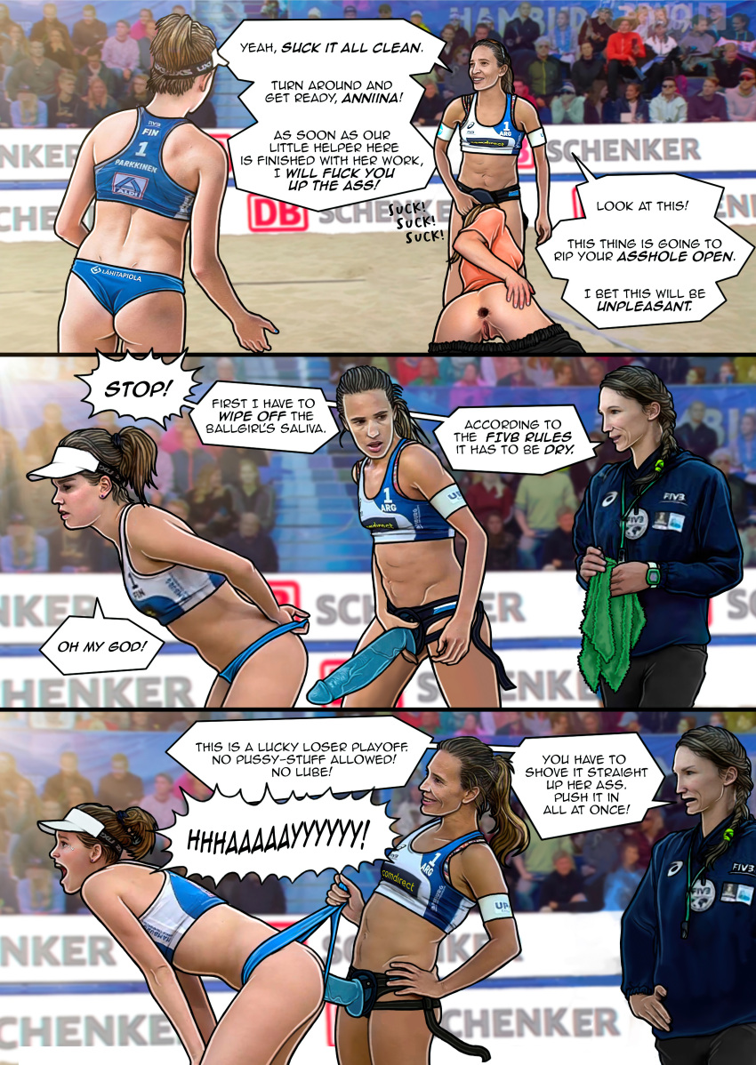 ana_gallay anal anal_sex anniina_parkkinen arena beach_volleyball buggery comic defeat defeated dialogue english_text female femdom fivb_beach_volleyball_women's_world_championship_2019 humiliation loreleia male sex_toy sport sports sports_bikini sports_bra sportswear stadium stadium_background strap-on text volleyball