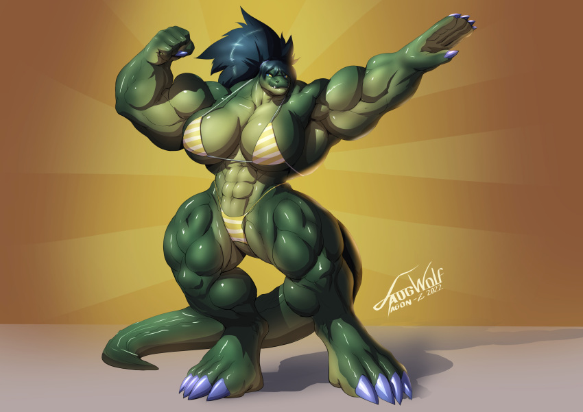 abs anthro biceps big_muscles bikini blue_eyes blue_hair breasts busty crocodile crocodilian extreme_muscles fangs faogwolf female flexing green_skin huge_breasts large_breasts legs long_hair long_tail muscles muscular muscular_female muscular_thighs ponytail pose scalie solo tail teeth thick_thighs thong