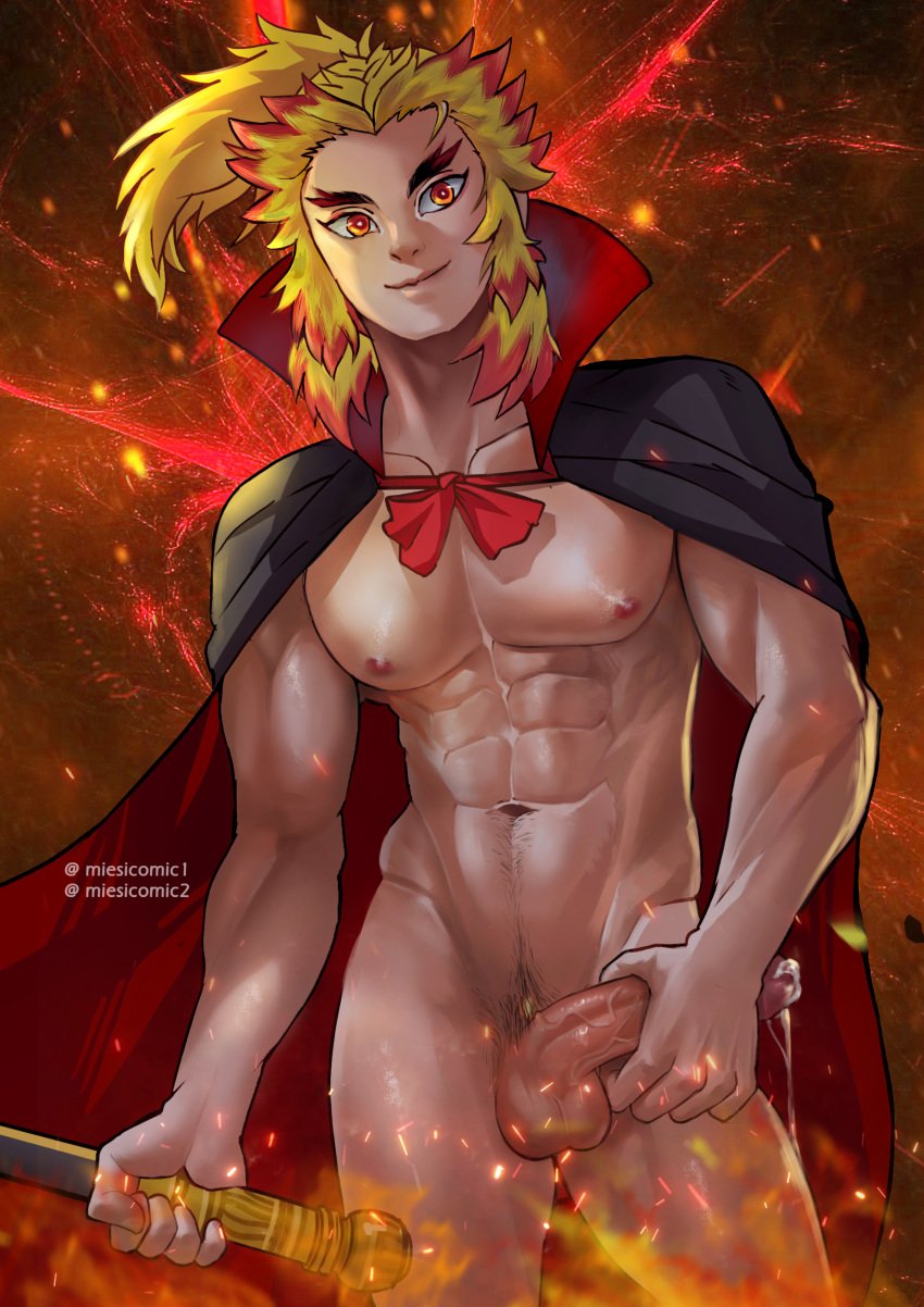 1boy blonde_hair cape cum_drip demon_slayer erection grabbing_penis halloween happy_trail holding_penis kimetsu_no_yaiba looking_at_viewer male male_only male_pubic_hair miesicomic mostly_nude muscular muscular_male penis ponytail precum_drip pubic_hair rengoku_kyoujurou smile solo solo_male sword thick_eyebrows two_tone_hair uncensored veiny_penis yaoi