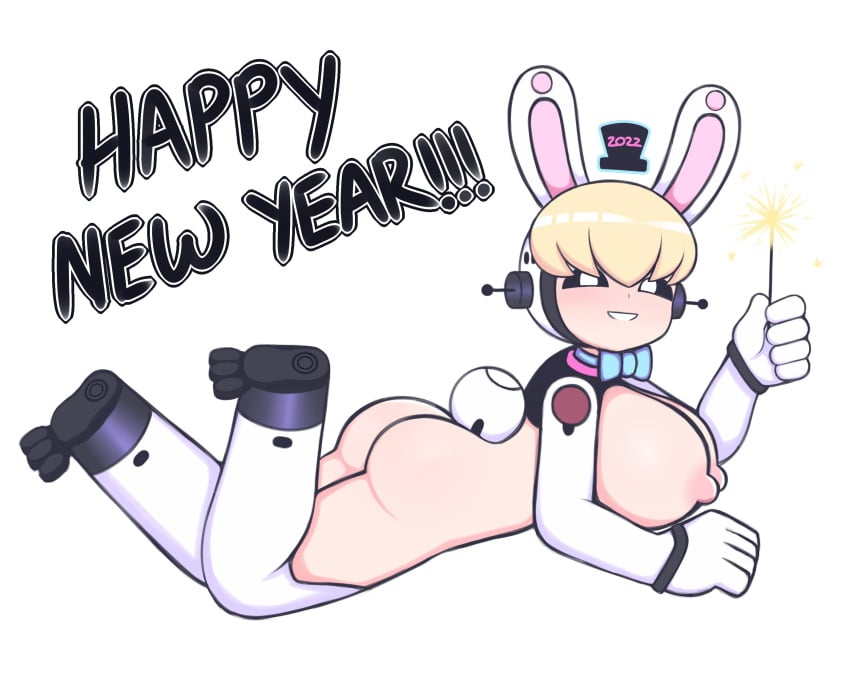 android black_eyes blonde_hair buffy-sugo bunny bunny_girl bunny_tail commission happy_new_year laying_down new_year nude rixetog robot robot_girl rocket_league sparkle sparkler white_clothing