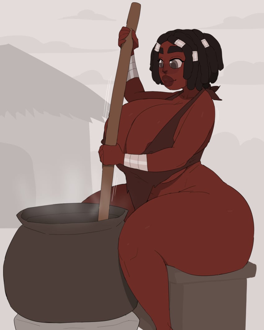 1girls african african_female areola_slip areolae ass big_ass big_breasts big_lips bimbo black_eyes black_female black_hair breasts busty cavewoman child_bearing_hips clothing cooking curvy female female_only huge_ass huge_breasts original original_character pot ragged_clothing sitting smile solo solo_female thick_thighs tribal voluptuous wide_hips yelftea