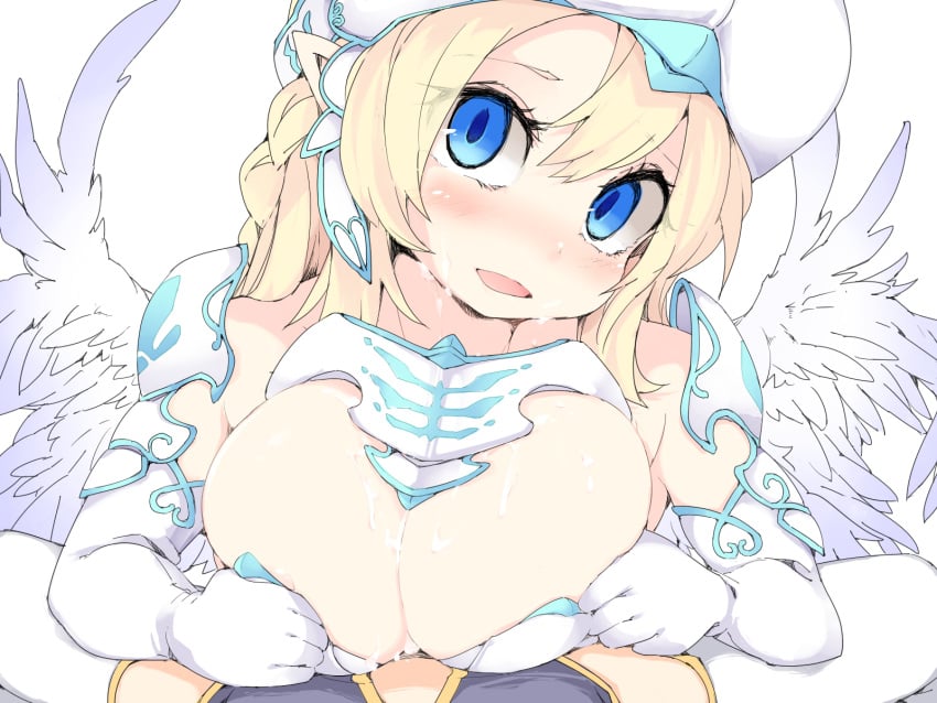 1futa 1girls armor big_breasts blonde_hair blue_eyes blush breasts cleavage clothed clothing cum cum_on_body cum_on_breasts elbow_gloves facial feathered_wings female female_focus frfr futanari futanari_pov gloves highres human implied_futanari implied_paizuri large_breasts light-skinned_female light-skinned_futanari looking_at_viewer mostly_clothed multiple_girls open_mouth original paizuri pointy_ears pov pov_crotch shoulder_armor soft_breasts solo_focus thighhighs white_gloves white_headwear white_legwear white_wings wings