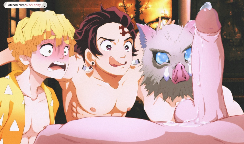 4boys aleccanny big_penis blonde_hair dark_hair demon_slayer earrings erection facial_scar gay haori imminent_oral inosuke_hashibira kamado_tanjirou kimetsu_no_yaiba licking_lips looking_at_penis male male/male male_only mask masked masked_male muscular muscular_male nervous nude penis precum precum_drip surprised teen_boy teenager tongue_out uncensored yaoi zenitsu_agatsuma