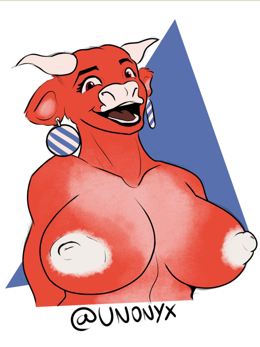 absurd_res anthro big_breasts bovid bovine breasts bust_portrait cattle ear_piercing female fur hands_behind_back hi_res horn laugh laughing_cow mammal nipples piercing portrait red_body red_fur smile solo the_laughing_cow unonyx white_nipples