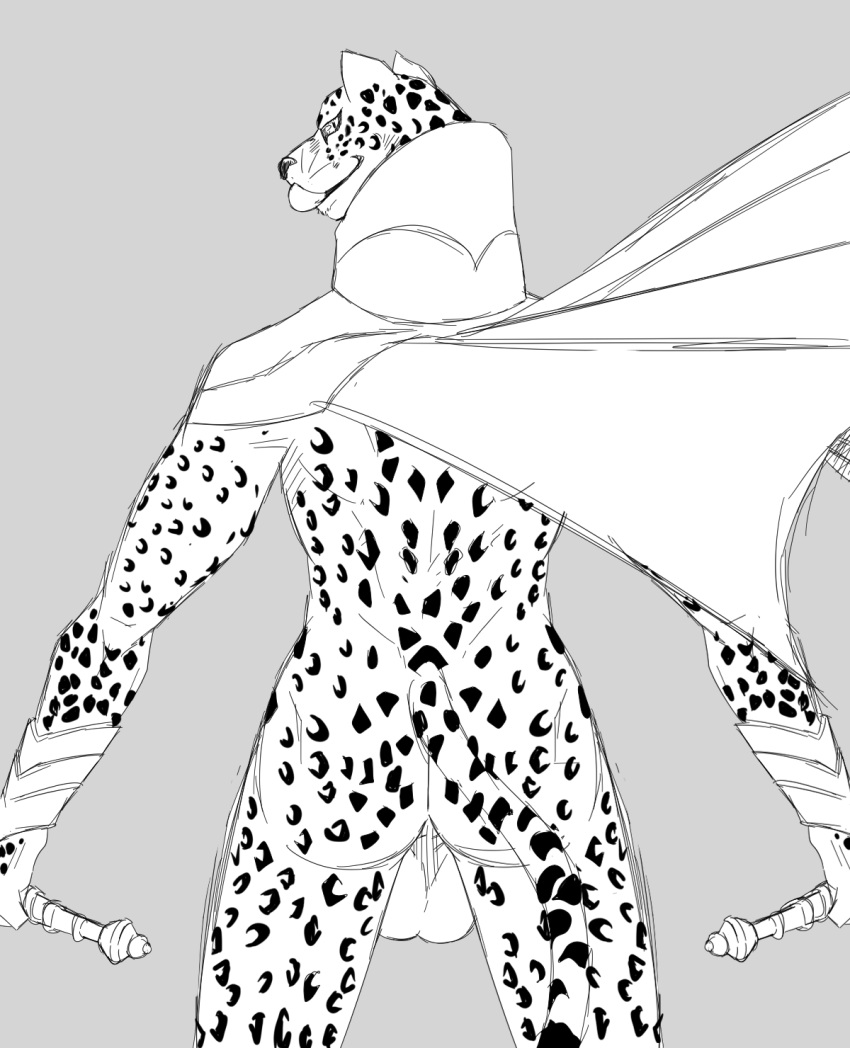 a-side anthro armor ass balls cape cape_only clothing dagger daggers felid gauntlets genitals gloves handwear hi_res leopard licking looking_at_viewer looking_back male mammal melee_weapon mostly_nude nude ose_(megami_tensei) pantherine rear_view solo tongue tongue_out weapon