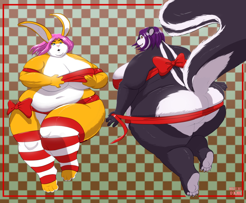 2girls aroma_(kazecat) ass big_ass big_breasts big_butt breasts butt duo female hair hi_res huge_ass huge_breasts huge_butt hyper hyper_breasts jiggly_(kazecat) kazecat lagomorph leporid mammal mephitid rabbit ribbons skunk