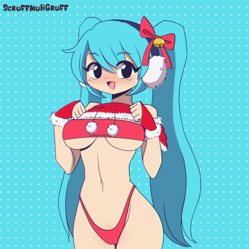 1girls animated bell belly_button big_breasts bouncing_breasts bra breasts cute ear_muffs ear_warmers female female_only fingerless_gloves gif hair_bow hair_ornament hair_ribbon hatsune_miku large_breasts long_hair looking_at_viewer midriff navel panties pigtails pom_poms scruffmuhgruff smile solo solo_female thighs twintails vocaloid watermark