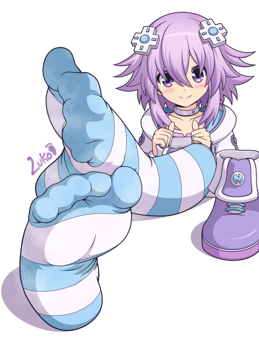 absurdres artist_name blush closed_mouth collarbone compile_heart d-pad d-pad_hair_ornament eyebrows_visible_through_hair feet female flat_chest foot_focus hair_between_eyes hair_ornament highres holding holding_shoes idea_factory jacket looking_at_viewer nail_polish neptune_(neptunia) neptunia_(series) purple_eyes purple_hair revision shoes shoes_removed short_hair simple_background sitting smile socks soles solo steam steaming_body striped striped_legwear sweat thighhighs toes white_background zuko_(artist)