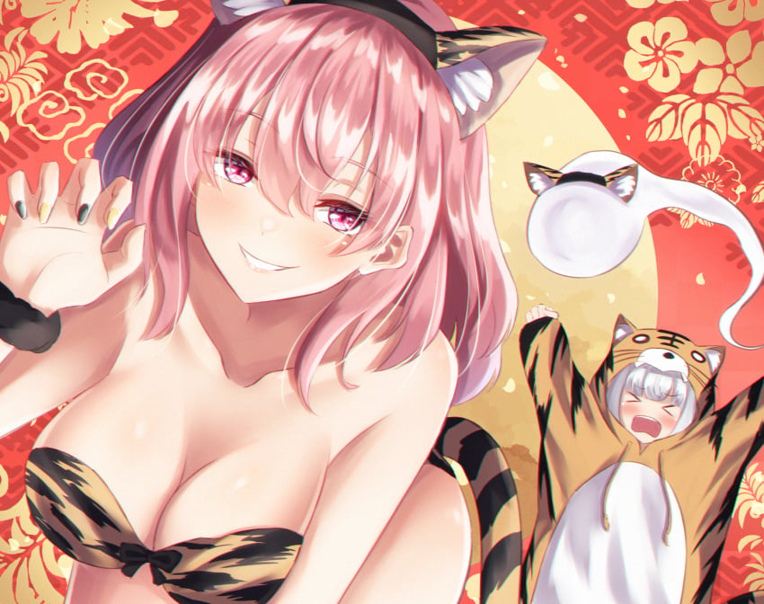 >_< 2girls alternate_costume animal_costume animal_ear_fluff animal_ears animal_print arms_up bangs bent_over blunt_bangs blush breasts chinese_zodiac claw_pose cleavage d: dutch_angle dx fake_animal_ears grin hair_between_eyes highres large_breasts long_hair looking_at_viewer multiple_girls nail_polish new_year pink_eyes pink_hair shiranui_(wasuresateraito) short_hair silver_hair smile tiger_costume tiger_ears tiger_print touhou year_of_the_tiger youmu_konpaku youmu_konpaku_(ghost) yuyuko_saigyouji