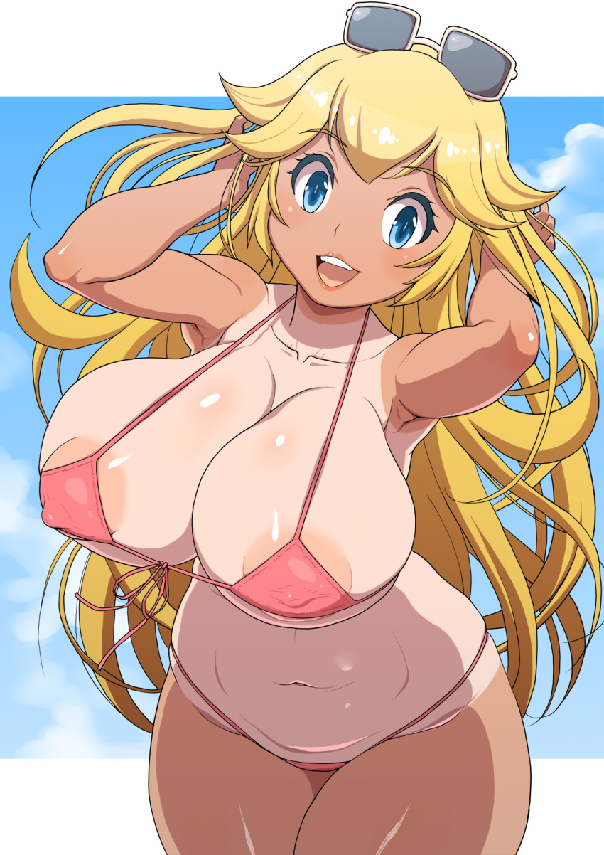 1girls alternate_breast_size areola_slip areolae armpits bikini blonde_hair blue_eyes breasts cleavage cloud erect_nipples erect_nipples_under_clothes eyelashes female female_only huge_breasts long_hair mario_(series) nintendo nipples one-piece_tan oomaeda open_mouth outdoors pink_bikini princess_peach sexy_armpits sku smile solo standing sunglasses_on_head swimsuit tan-skinned_female tan_skin tanline very_long_hair