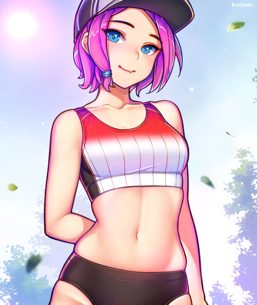 1girls blue_eyes blush blushing_at_viewer breasts cap exposed_midriff eye_contact female female_only hat headwear hi-rez_studios ikkimay light-skinned_female light_skin looking_at_viewer maeve_(paladins) midriff navel outdoors outside paladins petite petite_body pink_hair short_hair solo solo_female sports sports_bra stomach tagme