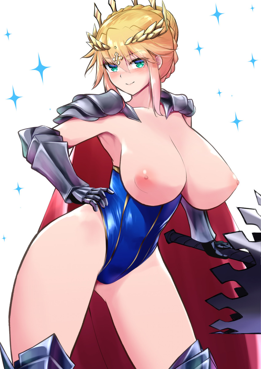 1girls anesaki aqua_eyes armored_boots armored_gloves artoria_pendragon artoria_pendragon_(lancer) big_breasts blonde_hair blush breasts breasts_out cape crown fate/grand_order fate_(series) female female_only french_braid green_eyes hand_on_hip highres large_breasts looking_at_viewer nipples shoulder_armor smile solo solo_female sparkle thighs white_background yuanei