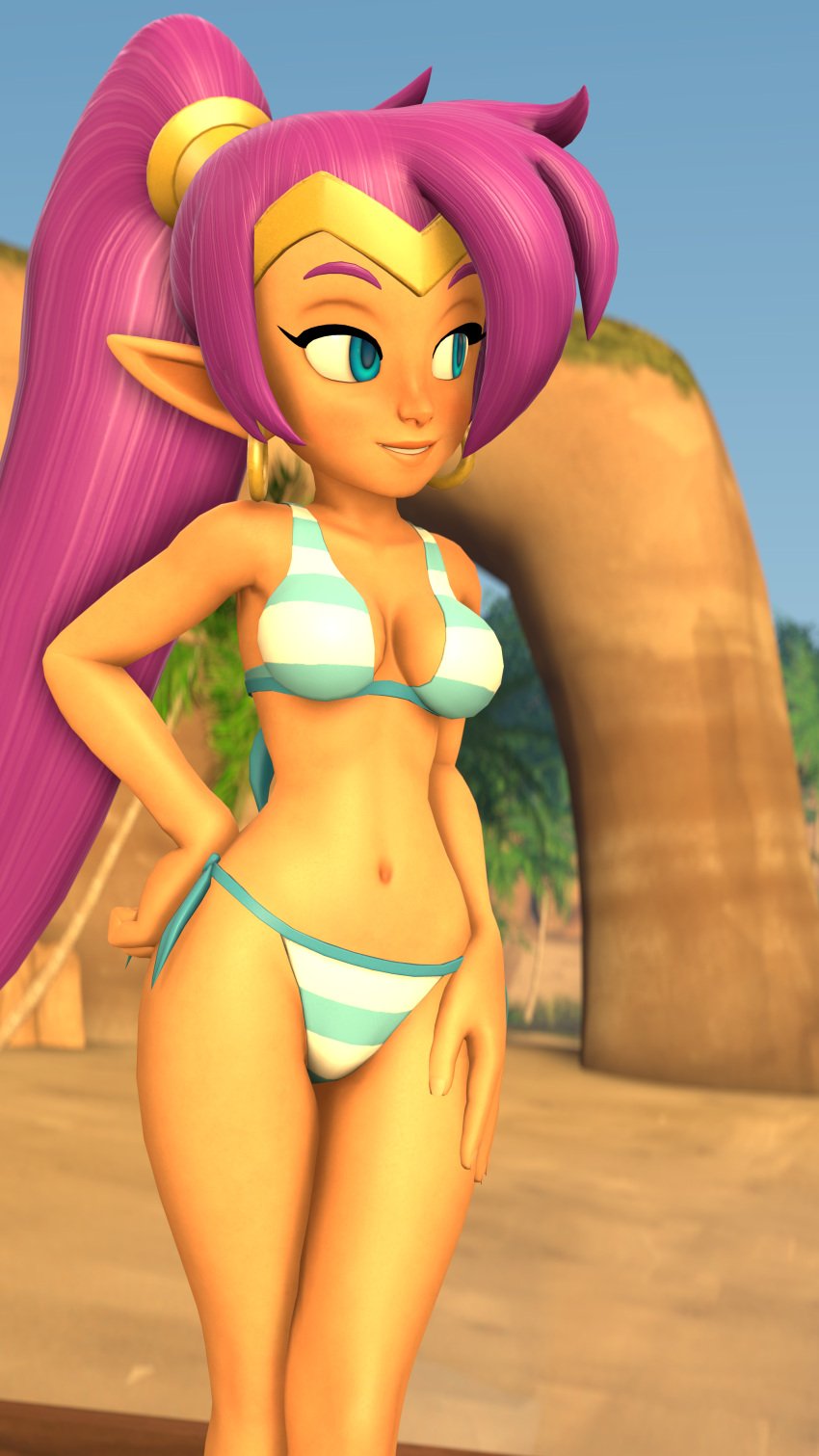 1girls 3d bikini blue_eyes breasts child_bearing_hips cleavage dark-skinned_female dark_skin female female_only hand_on_hip highres legoguy9875 long_hair medium_breasts navel pointy_ears ponytail pose purple_hair seductive_smile shantae shantae_(character) smile smooth_skin solo striped striped_bikini swimsuit thick_thighs thighs very_long_hair