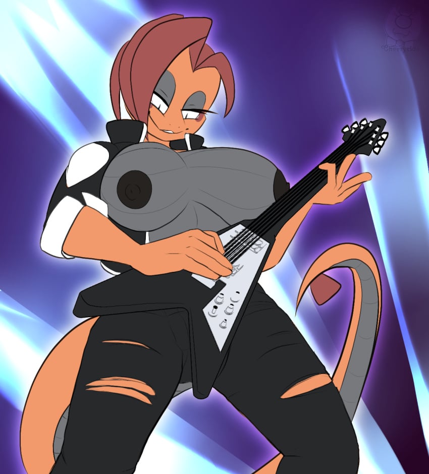 anthro big_breasts bottomwear breasts calyn_reyzir clothed clothing digital_media_(artwork) electric_guitar eyes fan_character flashing futanari guitar gynomorph hair herm hi_res intersex jacket leather leather_bottomwear leather_clothing leather_pants lizard markings musical_instrument nintendo nipples no_bra open_clothing open_shirt open_topwear pants playing_guitar playing_music plucked_string_instrument pokémon_(species) pokemon pupils redimplight reptile scales scalie scrafty shirt simple_background slit_pupils smile solo string_instrument tail topwear torn_bottomwear torn_clothing torn_pants video_games