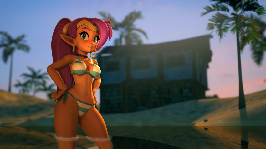 1girls 3d bikini blue_eyes breasts child_bearing_hips cleavage dark-skinned_female dark_skin female female_only hands_on_hips highres legoguy9875 long_hair medium_breasts navel pointy_ears ponytail pose purple_hair shantae shantae_(character) smile smooth_skin solo striped striped_bikini swimsuit thick_thighs thighs very_long_hair voluptuous water