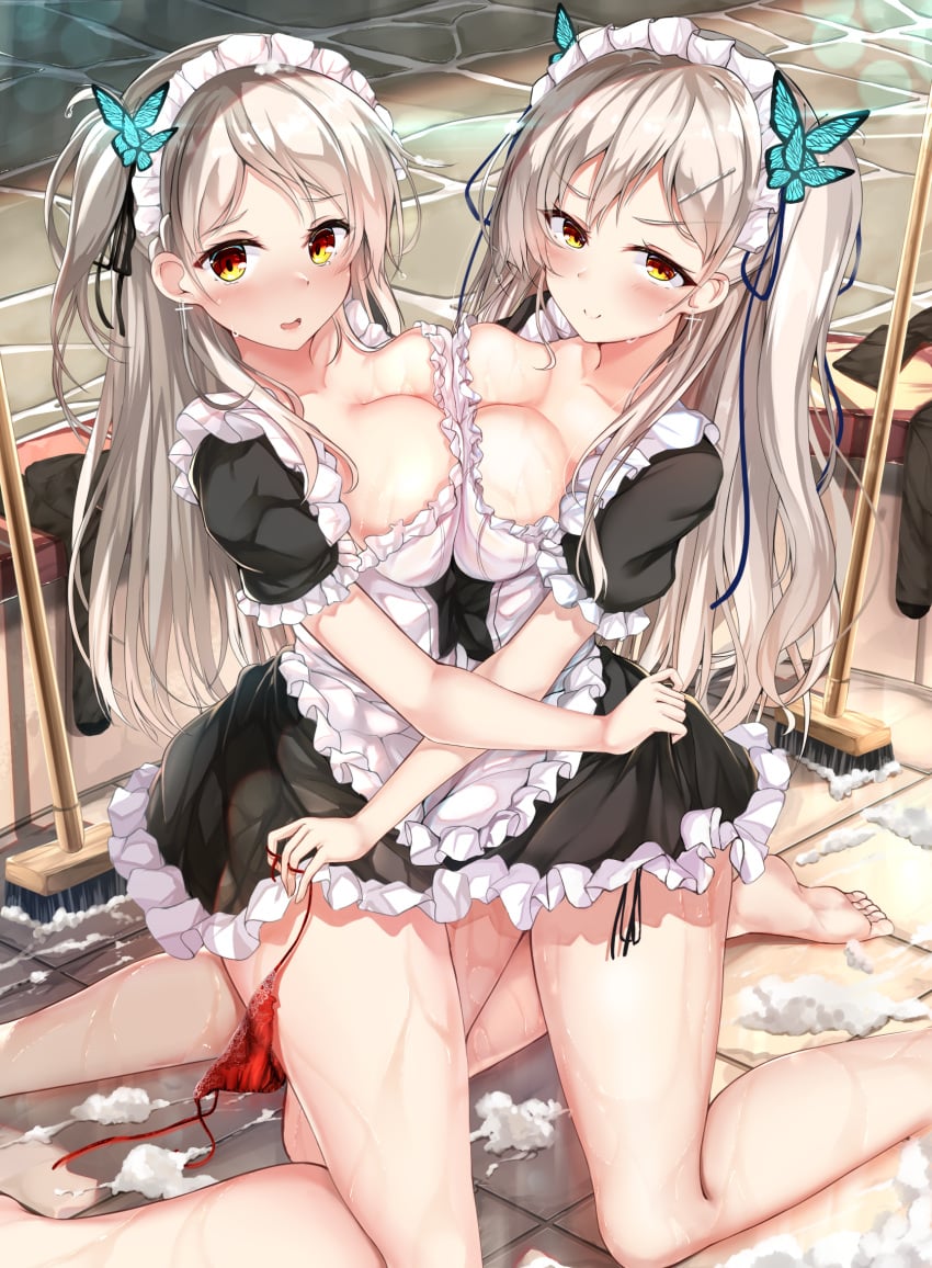 2girls apron bangs bare_legs barefoot black_dress blush breast_press breasts butterfly_hair_ornament cleavage collarbone cross cross_earrings dress earrings eyebrows_visible_through_hair female frilled_dress frills from_side hair_ornament hairclip highres hiragi_ringo holding holding_clothes holding_panties holding_underwear indoors jewelry kneeling large_breasts legwear_removed light-skinned_female light_skin long_hair looking_at_viewer looking_to_the_side maid maid_apron maid_headdress mop multiple_girls one_side_up open_mouth original panties panties_removed puffy_short_sleeves puffy_sleeves red_panties satin satin_panties short_sleeves siblings side-tie_panties side_ponytail silver_hair sisters smile symmetrical_docking thighs twins underwear untied untied_panties wet white_apron yellow_eyes yuri