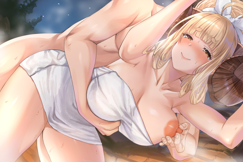 1boy ahoge aldehyde anila_(granblue_fantasy) armpits bangs bathing bent_over blonde_hair blunt_bangs blush breast_grab breasts collarbone commentary_request draph female female grabbing gran_(granblue_fantasy) granblue_fantasy horns large_breasts long_hair looking_at_viewer male naked_towel night night_sky nipple_tweak nipples onsen sheep_horns short_eyebrows sky smile steam straight thick_eyebrows thighs towel towel_on_head yellow_eyes