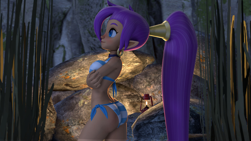 1girls 3d ass bikini blue_eyes blush breast_hold breasts cave crossed_arms dark-skinned_female dark_skin dat_ass female female_only fire highres huge_ass legoguy9875 long_hair medium_breasts pointy_ears ponytail purple_hair shantae shantae_(character) sideboob smile smooth_skin solo striped striped_bikini swimsuit thick_thighs thighs very_long_hair walking water