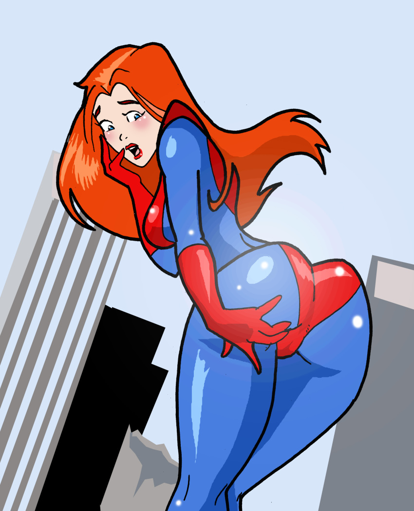 1girls cameltoe embarrassed female female_only giant-girl giantess inspector97 light-skinned_female light_skin marvel marvel_comics mary_jane_watson panties solo solo_female spider-man_(series)