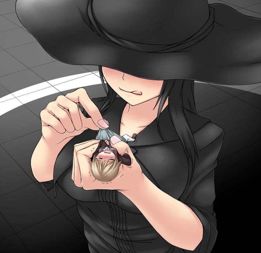 anime_style black_clothing giantess hands macrophilia micro pixiv shrink shrunken shrunken_person shrunken_woman skirt teradaochiko tiny_person tongue_out witch_hat