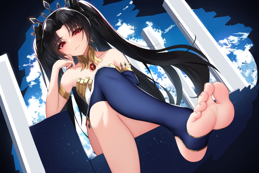 1girls 2022 black_hair breasts crossed_legs damao_yu deity detailed_background fate/grand_order fate_(series) feet female female_only foot_fetish foot_focus goddess highres ishtar_(fate) light_blush long_hair looking_at_viewer one_thighhigh pov_feet red_eyes sitting small_breasts smile soles stirrup_legwear twintails